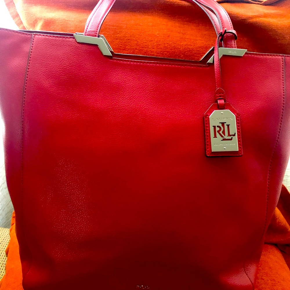 Ralph Lauren Red Leather Tote with Gold Hardware
